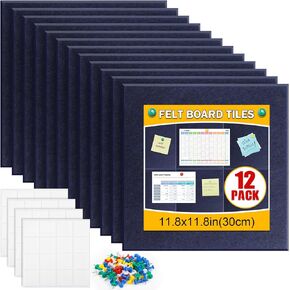 12 PCS Large Cork Boards Alternative，36"x48" Reusable Felt Wall Tile with 70 Pins,64 Safe and Removable Non-Marking Adhesives,Bulletin Boards for Walls, Office, Classroom，Living Room, Dartboard-Blue
