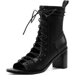 Women's Lace Up Open Toe Ankle Boots Comfortable Breathable Zipper Fish Mouth Square Root Casual Summer Boots for Prom Party Evening Dating