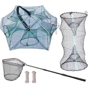 3 Pcs Foldable Fishing Net Accessories for Crab Crayfish Shrimp:Fishing Landing Net with Telescoping Pole Handle, Collapsible Crab Trap Hexagon and 2 Ropes