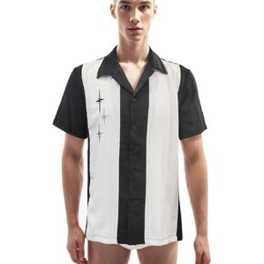 Mens Bowling Casual Button-Down Shirts Vintage Cuban Short Sleeve Retro Camp Tops Blouse Clothing Beach Dress Shirt