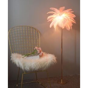 Natural Ostrich Feather Floor Lamp, Simple Modern Bedroom and Living Room Standing Lamp, Golden Lamp Body, G4-LED Bulb (White)