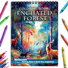 Netecom Enchanted Forest Coloring Book Spiral Bound for Adults, Premium Cover, 30 Magical Coloring Pages of Whimsical Forest Scenes for Stress Relief and Relaxation