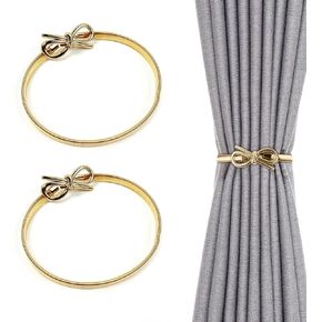 Curtain Hold Backs for Curtains Shiny Metal Curtain Tiebacks Engraving Design Curtain Buckle Set of 2 Window Curtain Holdbacks Elegant Gold Holders for Home and Office Window Decoration (Gold Bow)