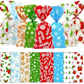 MISS FANTASY 160 Pack Christmas Cellophane Goody Bags with Twist Ties for Holiday Favors Treats Kids Xmas Treat 10.8'' x 4.9'' Small Bulk Plastic Treats Bag Christmas Cellophane Treat Bags