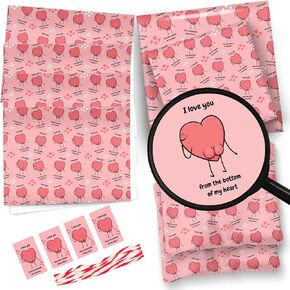 LimaLima 4 x Wrapping Paper Sheets With Tags & String. Funny I Love You Heart Design Pink Perfect For Valentine Birthday Mother's Day & Anniversary Suitable For Men Women Mum Dad Husband & Wife