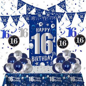 16th Birthday Decorations for Boys Girls, Blue Silver 16th Birthday Decorations Backdrop with Happy 16th Birthday Banner, Number 16 Hanging Swirls, Triangle Flag, 16 Years Old Party Decor Supplies