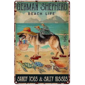 German Shepherd Beach Life Metal Tin Sign,Suitable For Home Sea Turtle Garage Bar Classic Sign Cafe Farm Country Kitchen Retro Wall Home Decor 8X12 Inches