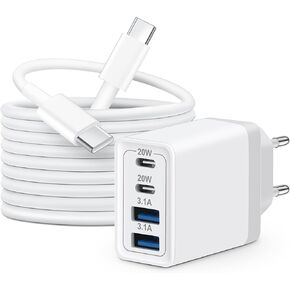 European Travel Plug Adapter, 40W 4-Port Fast USB C Wall Charger Block International Power Plug with 6FT USB C Cable for iPhone/iPad/Samsung/Android US to Most of Europe EU Spain Italy France Germany