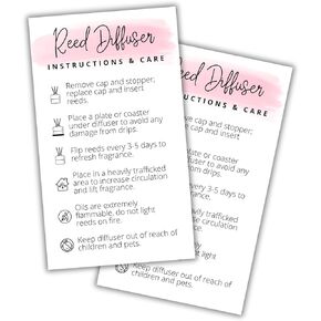 Reed Oil Diffuser Care Card | 50 Pack 2" x 3.5" inches Home Scents Wooden Bottles Warning Labels Office Tan Client Instructions and Care Car Oil Bullet Scent Stickers Minimalist Pink Watercolor