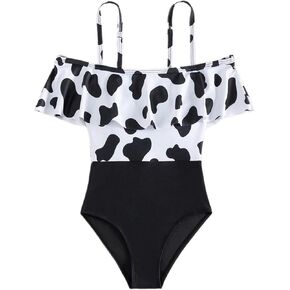 SweatyRocks Girl's Cow Print Swimsuit Off The Shoulder Ruffle One Piece Bathing Suit