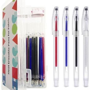 4 Heat Erase Pens Fabric Markers with 32 Refills, 1 Soft Tape Measure,1 Pack Plastic Pencil Box, Fabric markers are suitable forquilting supplies, Sewing supplies,Embroidery DIY