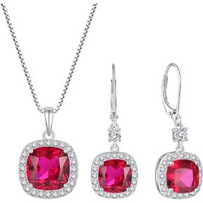 Princess Cut Jewelry Set for Women 925 Sterling Silver Ruby July Birthstone Necklace Halo Dangle Drop Leverback Earrings Jewelry Gifts for Her