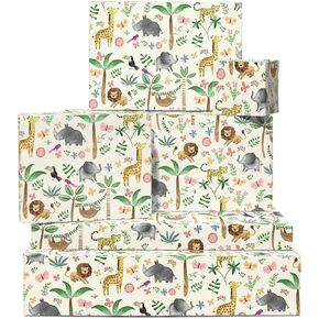 CENTRAL 23 Kids Wrapping Paper - 6 Sheets of Gift Wrap - Elephant Lion Sloth Giraffe - Safari Jungle Animals - For Birthday, Baby Shower, Baptism