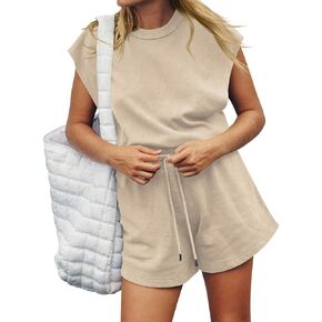 Women's Summer Short Rompers Casual Sleeveless Romper Adjustable Waist Drawstring One Piece Jumpsuit