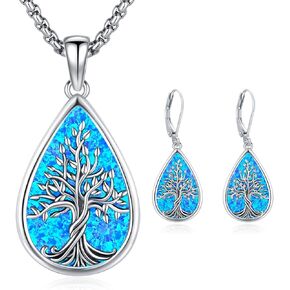 Opal Tree of Life Earrings and Necklace for Women Sterling Silver Blue Opal Family Tree Jewelry Set Gifts