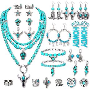 NVENF Western Jewelry for Women, Bohemia Turquoise Jewelry Set Turquoise Collar Necklace Cowboy Boot Howdy Hoop Dangle Earrings Beaded Stretch Bracelet Turquoise Joint Knuckle Rings Cowgirl Jewelry