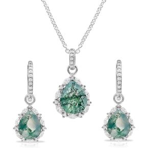 طقم قلادة وأقراط قلادة من العقيق الطحلب NW، طقم مجوهرات من العقيق الطحلب والزركون على شكل دمعة in Kuwait