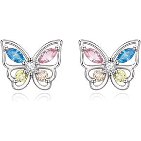 925 Sterling Silver Butterfly Earrings for Girls, Multicolored CZ Hypoallergenic Butterfly Stud Earrings Butterfly Gifts for Daughter Granddaughter