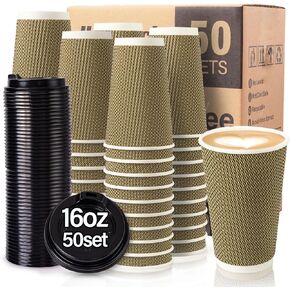 Disposable Coffee Cups With Lids,50 Pack,16 oz Insulated Ripple Wall Paper Coffee Cups,To Go Iced Coffee Cups for Hot and Cold Beverages Tea Hot Chocolate Drinks (Black, 16oz-50)