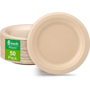 Paper Plates 6 inch, 50 Pack Small Paper Plates, Eco Friendly Disposable Plates Made of Sugarcane Fibers, 100% Compostable Paper Plates, Dessert Paper Plates, Brown