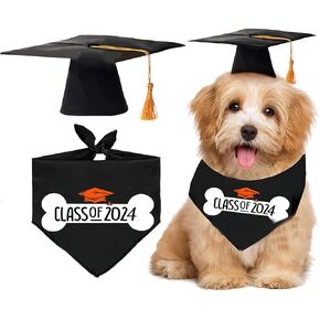 Dog Graduation Cap and Bandana 2024 | Puppy Graduation Cap and Gown 2024 | Black Triangle Bibs Scarf Party Costumes Pet Cosplay Glasses Set Accessory Black