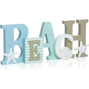 Wood Beach Word Sign in Misty Blues, Greens and White | Hangs on Wall or Stands on Table