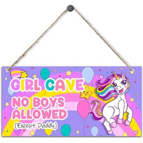 Unicorn Girl Cave Sign No Boys Allowed Except Daddy Rainbow Balloon Wood Hanging Plaque Signs for Little Baby Teen Girls Room Bedroom Door Wall Decor 11.8 x 5.9 Inches - JY793 in Kuwait