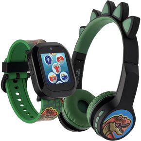 PlayZoom Kids Smartwatch with Bluetooth Headphone Set - Fun and Educational Smart Watch for Boys and Girls, Perfect Travel Toy and Learning Device, Boys Black Green Dinosaur