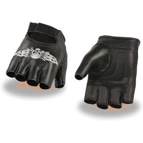 Milwaukee Leather SH353 Men's Black Leather Gel Padded Palm Fingerless Motorcycle Hand Gloves W/ ‘Embroidered Skull & Bones’