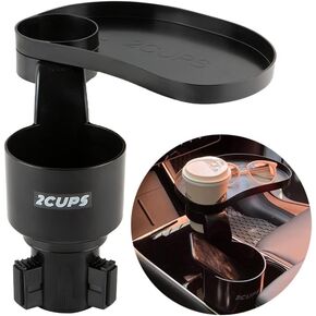 2CUPS Car Cup Holder Expander and Attachable Tray, Fits Yeti/Hydroflasks/Nalgene 16-40 oz. Dual Cup Holder with Adjustable Swivel Tray. Organizer Table for car, Truck, Automotive