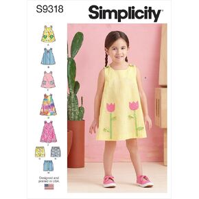 مجموعة أدوات خياطة فستان الأطفال الصغار من Simplicity، قميص خيمة وسروال قصير، كود S9318، المقاسات 1-2-3-4، متعدد الألوان in Kuwait