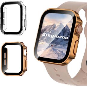 عبوتان من الحافظة المقاومة للماء لساعة Apple Series 9 8 7 45 ملم، حافة مستقيمة من البولي كربونات مع واقي شاشة من الزجاج المقوى 360 غطاء حماية لساعة iWatch (45 ملم، ذهبي وردي/شفاف)