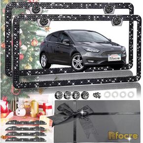 2Pack Black Bling License Plate Frames for Women, Sparkly Rhinestone Diamond License Plate Frame Glitter Bedazzled Car License Plate Frame Holder Cover Bling Car Accessories for Women (Black)