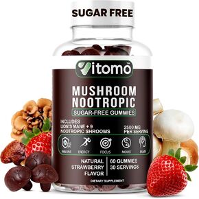 Mushroom Gummies - Sugar-Free Strawberry Mushroom Supplement Gummies - 10 Mushroom Complex Blend - Lions Mane, Cordyceps, Reishi, Chaga - Focus, Energy, Mood & Brain Support - 30 Servings in Saudi Arabia