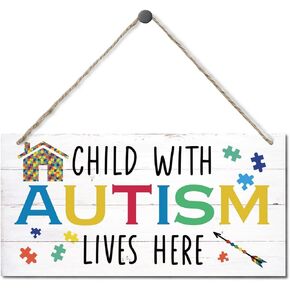 Autism Awareness Sign, Child With Autism Lives Here, Hanging Wood Sign Home Decorative, Rustic Autism Door Hanger, Autism Awareness Safety Sign, Autistic Support Decorative Plaque 12 * 6inch