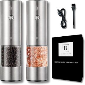 Electric Salt and Pepper Grinder Set of 2 | Automatic One Handed USB Rechargeable with 6 Adjustable Coarseness Levels and LED Lights | Modern Sleek Black | Large Capacity 75mL Mill Grinder | Kitchen