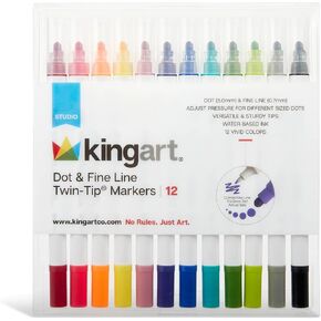 KINGART Studio Dot & Fine Twin-Tip Markers, Set of 12, Unique Colors