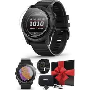 مجموعة صندوق هدايا لساعة Garmin tactix 7 AMOLED التكتيكية بنظام تحديد المواقع العالمي (GPS) - ساعة عسكرية للرجال مع شاشة AMOLED تعمل باللمس، وآلة حاسبة باليستية - تتضمن واقيات شاشة PlayBetter، ومحول حائط وحافظة صلبة