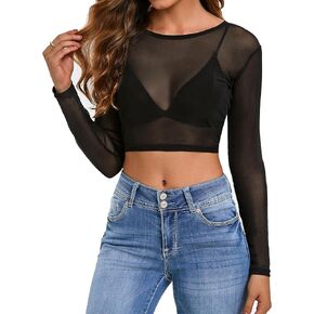 Women's Mesh Tops See Through Shirts Long Sleeve Bodycon Clubwear Crop Sheer Blouses