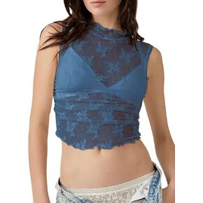 Womens Sheer Mesh Tank Tops Sleeveless Lace Shirt Y2k Sexy See Through Mock Neck Crop Top Ruched Layering Tee