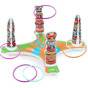 لعبة Luau Tiki Ring Toss مع 8 حلقات، ألعاب مائية صيفية لحمام السباحة في هاواي، لعبة قابلة للنفخ للصبي والبنات والكبار والأسرة في الأماكن المغلقة والخارجية الاستوائية Aloha Holiday Luau Party Supplies