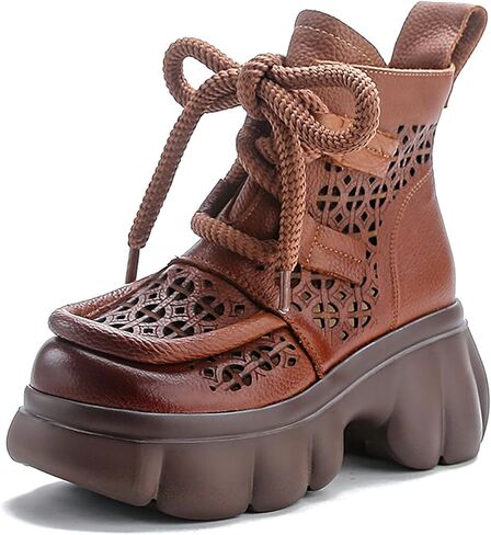 Women's Genuine Leather Lace Up Platform Gladiator Sandals With Side Zipper Comfortable Breathable Closed Toe Lug Sole Chunky Heel Summer Hollow Y2K Ankle Boots in Kuwait