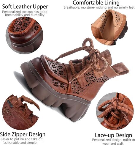 Women's Genuine Leather Lace Up Platform Gladiator Sandals With Side Zipper Comfortable Breathable Closed Toe Lug Sole Chunky Heel Summer Hollow Y2K Ankle Boots in Kuwait