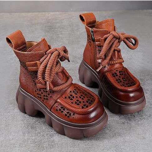 Women's Genuine Leather Lace Up Platform Gladiator Sandals With Side Zipper Comfortable Breathable Closed Toe Lug Sole Chunky Heel Summer Hollow Y2K Ankle Boots in Kuwait