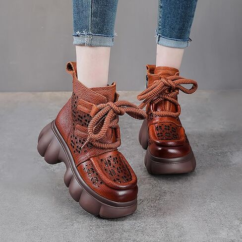 Women's Genuine Leather Lace Up Platform Gladiator Sandals With Side Zipper Comfortable Breathable Closed Toe Lug Sole Chunky Heel Summer Hollow Y2K Ankle Boots in Kuwait