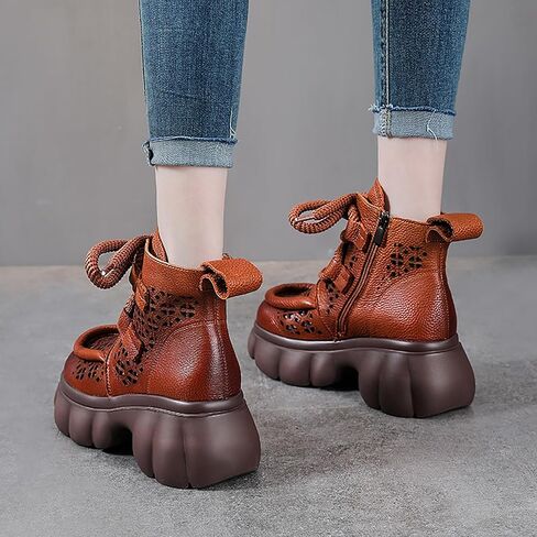 Women's Genuine Leather Lace Up Platform Gladiator Sandals With Side Zipper Comfortable Breathable Closed Toe Lug Sole Chunky Heel Summer Hollow Y2K Ankle Boots in Kuwait