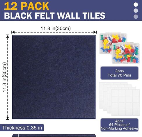 12 PCS Large Cork Boards Alternative，36"x48" Reusable Felt Wall Tile with 70 Pins,64 Safe and Removable Non-Marking Adhesives,Bulletin Boards for Walls, Office, Classroom，Living Room, Dartboard-Blue in Saudi Arabia