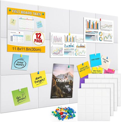 12 PCS Large Cork Boards Alternative，36"x48" Reusable Felt Wall Tile with 70 Pins,64 Safe and Removable Non-Marking Adhesives,Bulletin Boards for Walls, Office, Classroom，Living Room, Dartboard-Blue in Saudi Arabia