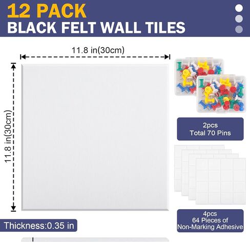 12 PCS Large Cork Boards Alternative，36"x48" Reusable Felt Wall Tile with 70 Pins,64 Safe and Removable Non-Marking Adhesives,Bulletin Boards for Walls, Office, Classroom，Living Room, Dartboard-Blue in Saudi Arabia