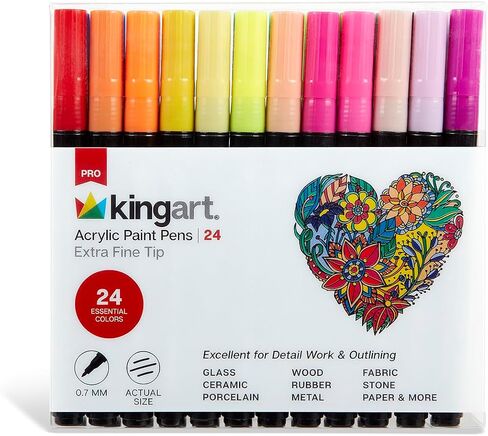 KINGART 454-24 PRO Extra Fine Pt. Variety Set Paint Pens, 0.7mm Tip, 24 Acrylic Paint Colors incl. Metallic & Neon, Low-Odor, Quick Drying Paint Markers for Metal, Plastic, Canvas & More, Set of 24 in Saudi Arabia